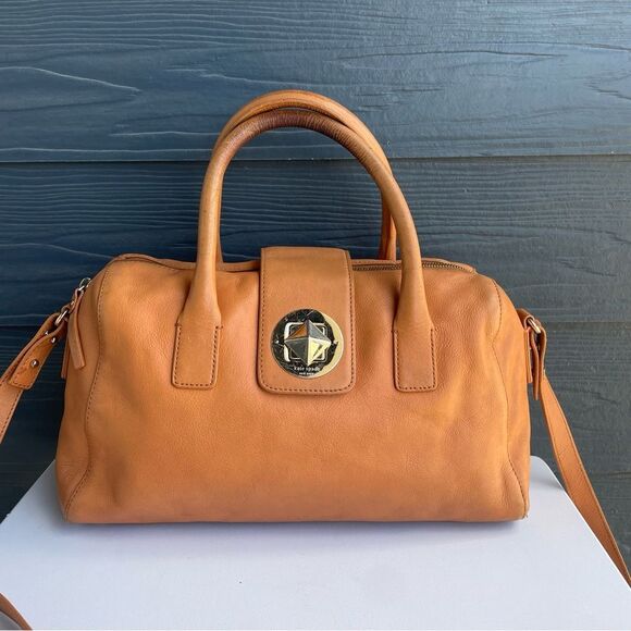 KATE SPADE Tan Leather Chrystie Street Leila Boston Turnlock Satchel Tote Knott - Picture 2 of 10